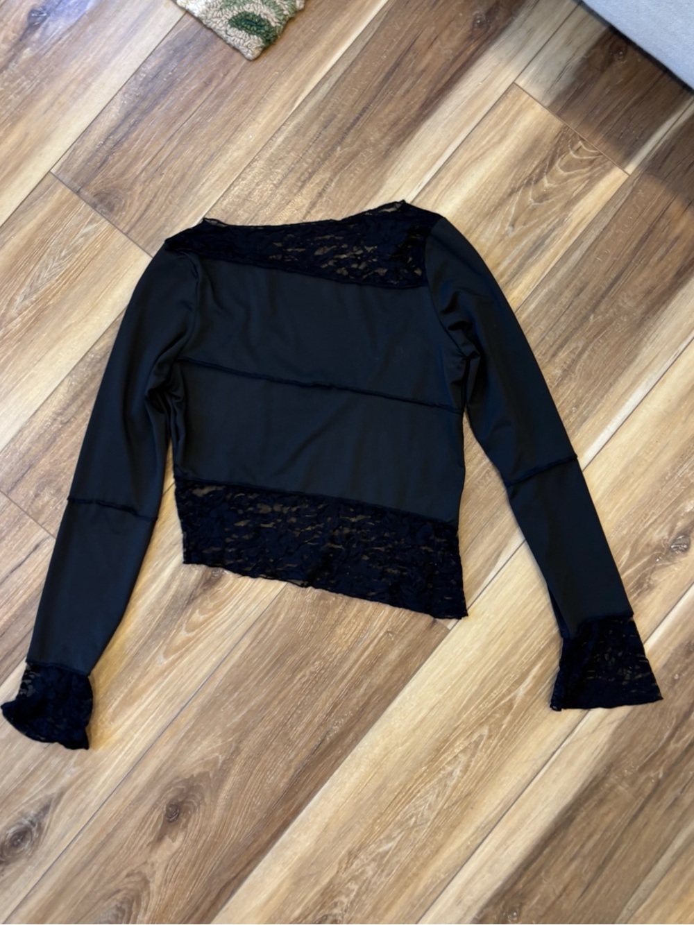 Black Lace-Trim Asymmetrical Long Sleeve Women's Top